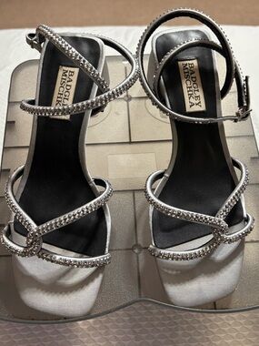 Badgley Mischka Silver Crystal-Strap Satin Heels